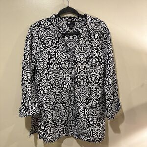 Carole Little Size 2X Linen Button Up Blouse V Neck Tunic Black White 3/4 Sleeve
